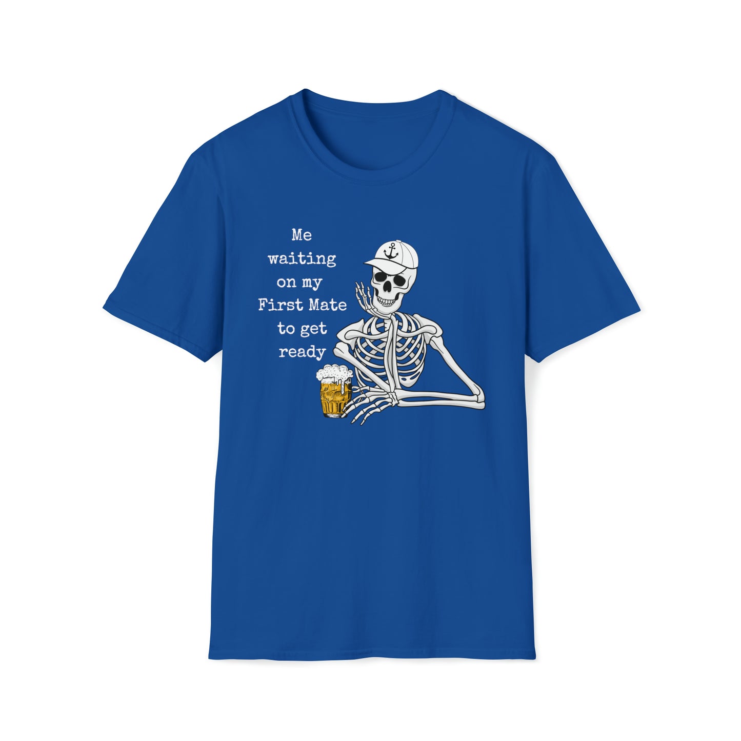 Men's Graphic Skeleton T-Shirt with saying Waiting on First Mate