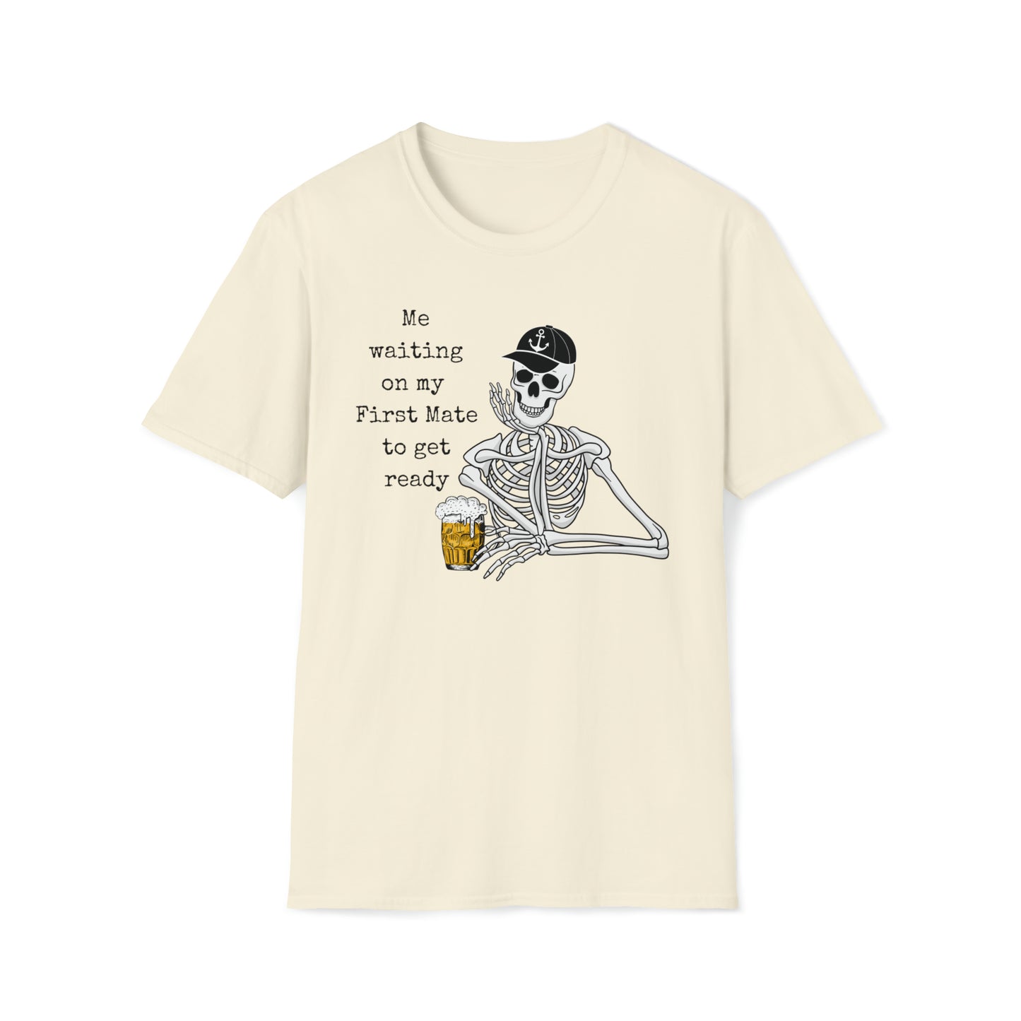 Men's Graphic Skeleton T-Shirt with saying Waiting on First Mate