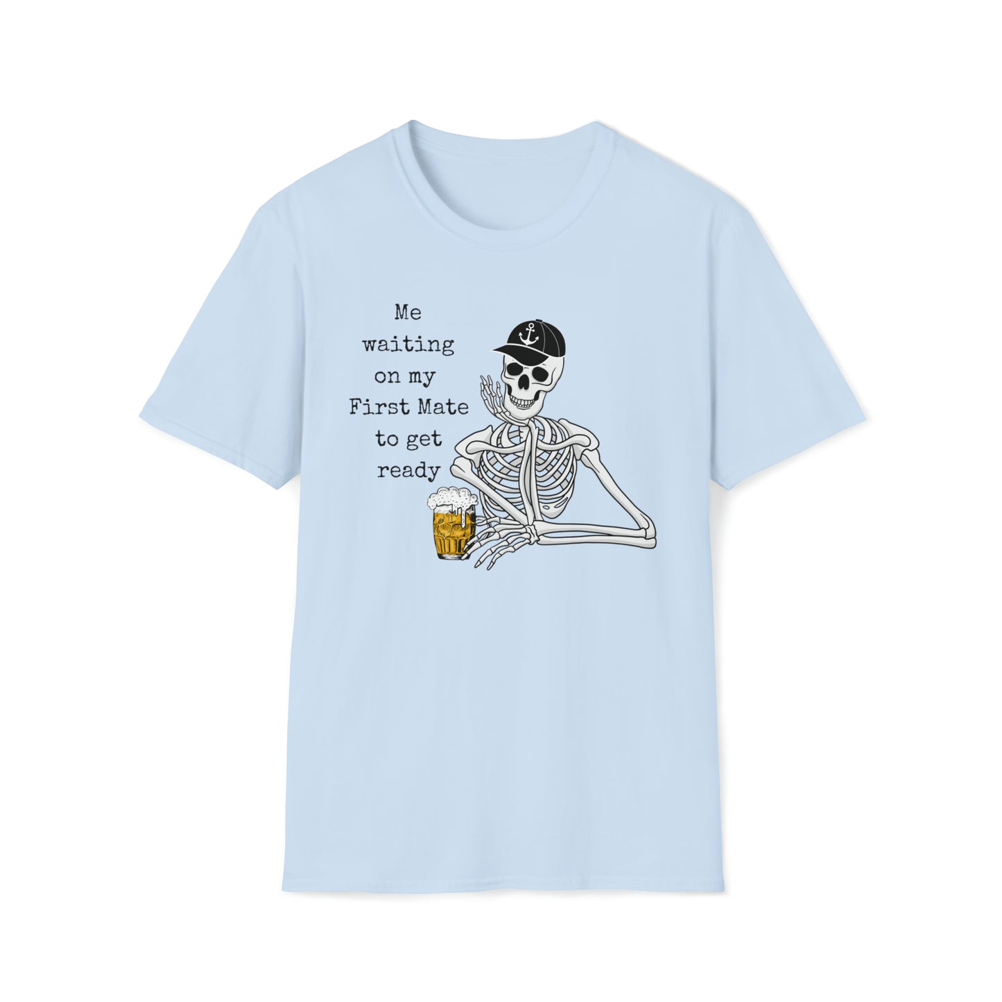 Men's Graphic Skeleton T-Shirt with saying Waiting on First Mate