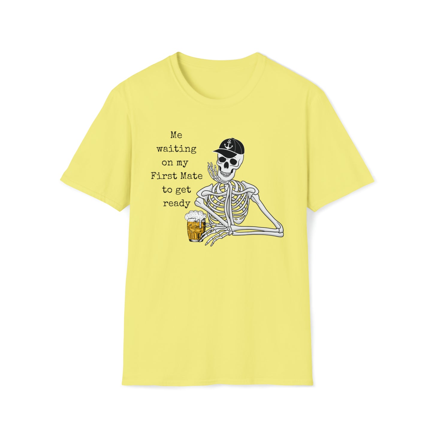 Men's Graphic Skeleton T-Shirt with saying Waiting on First Mate