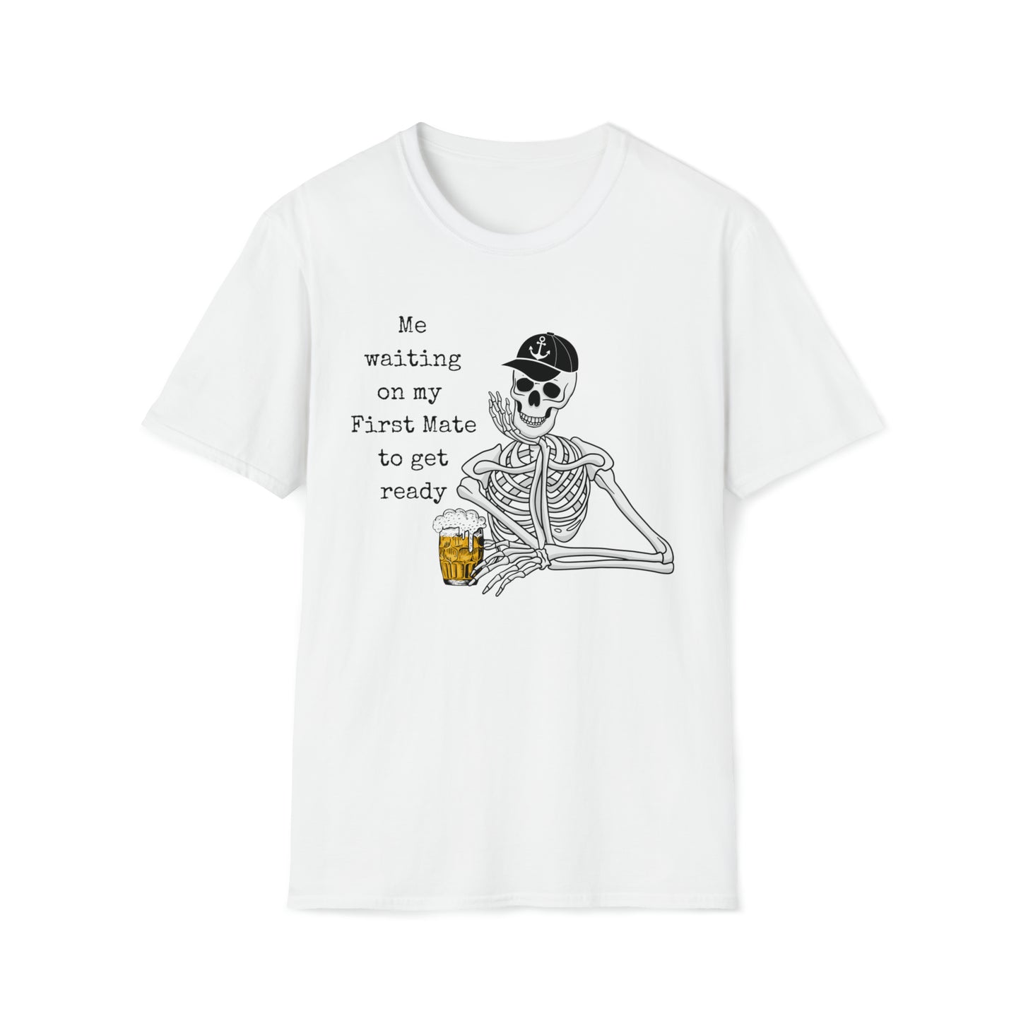 Men's Graphic Skeleton T-Shirt with saying Waiting on First Mate