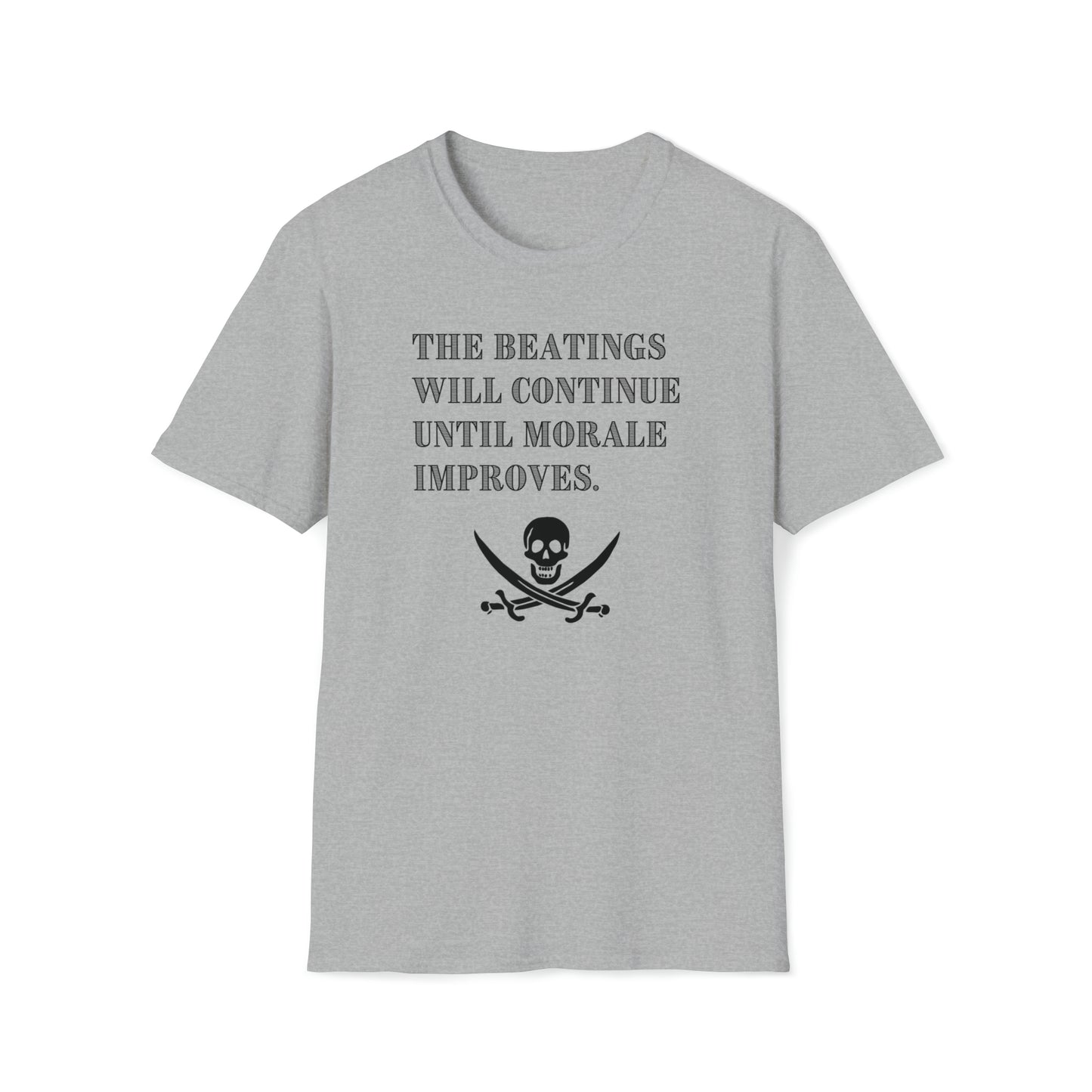 Men's Pirate T Shirt with saying Beatings Will Continue