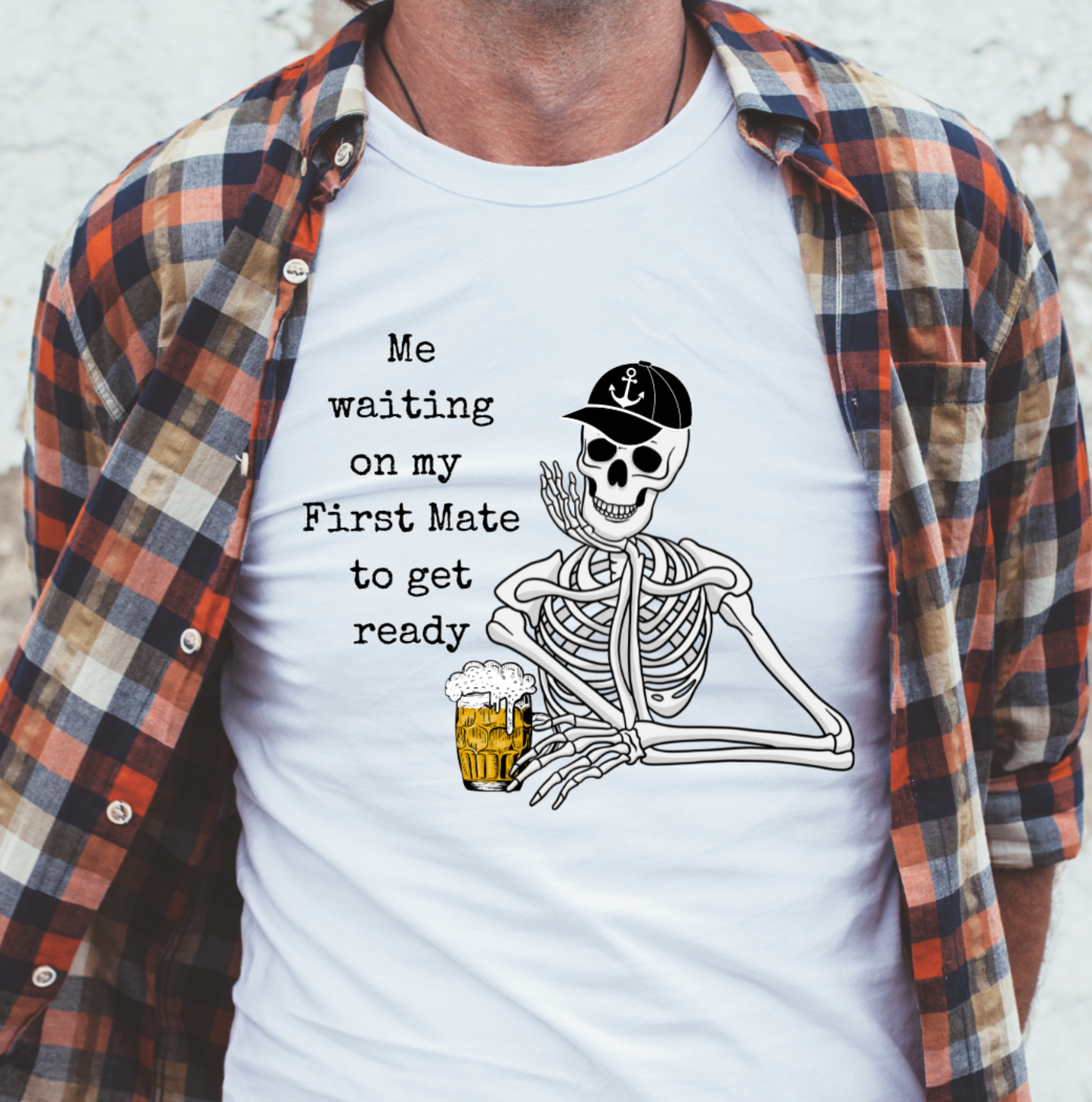 Men's Graphic Skeleton T-Shirt with saying Waiting on First Mate