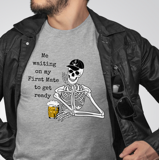 Men's Graphic Skeleton T-Shirt with saying Waiting on First Mate