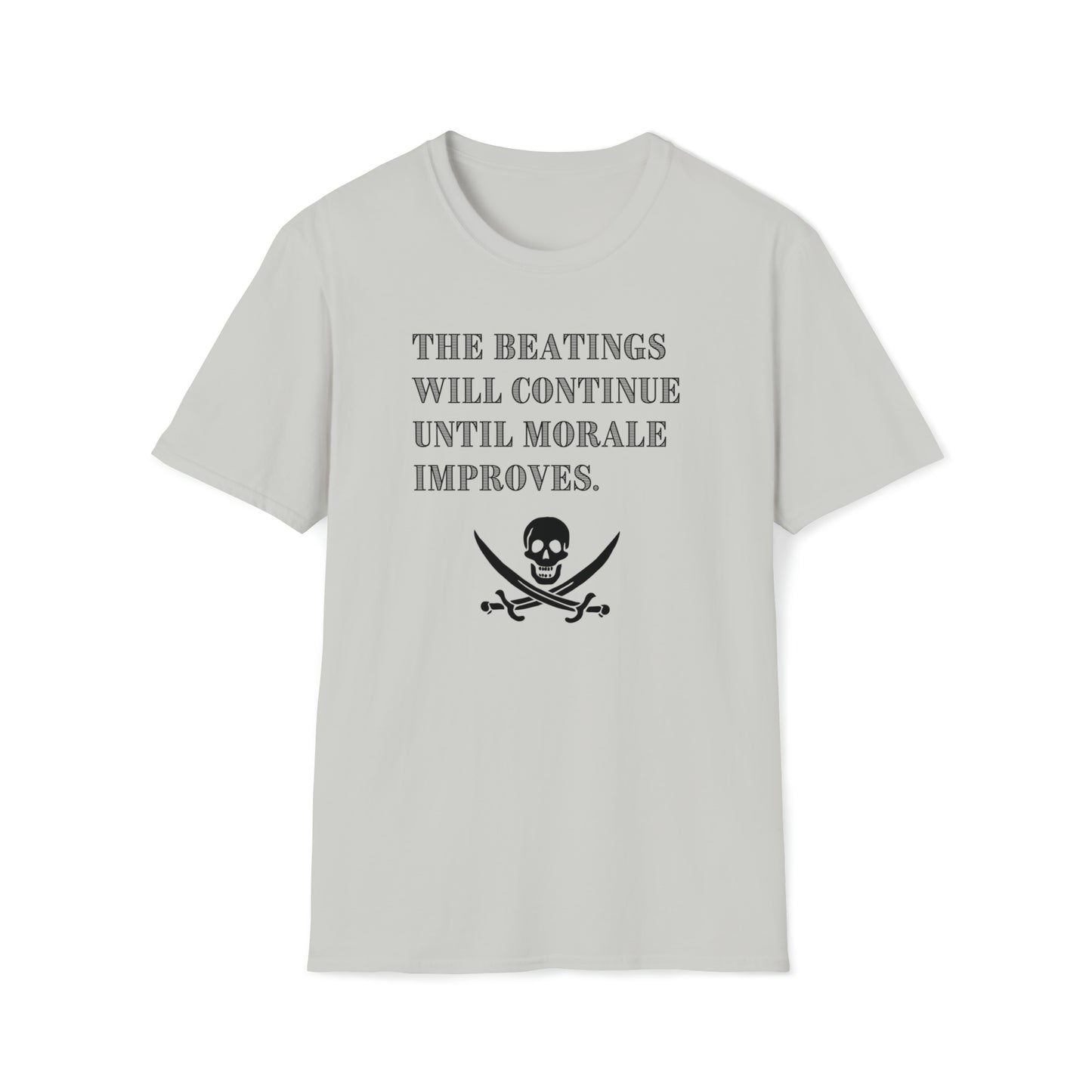 Men's Pirate T Shirt with saying Beatings Will Continue