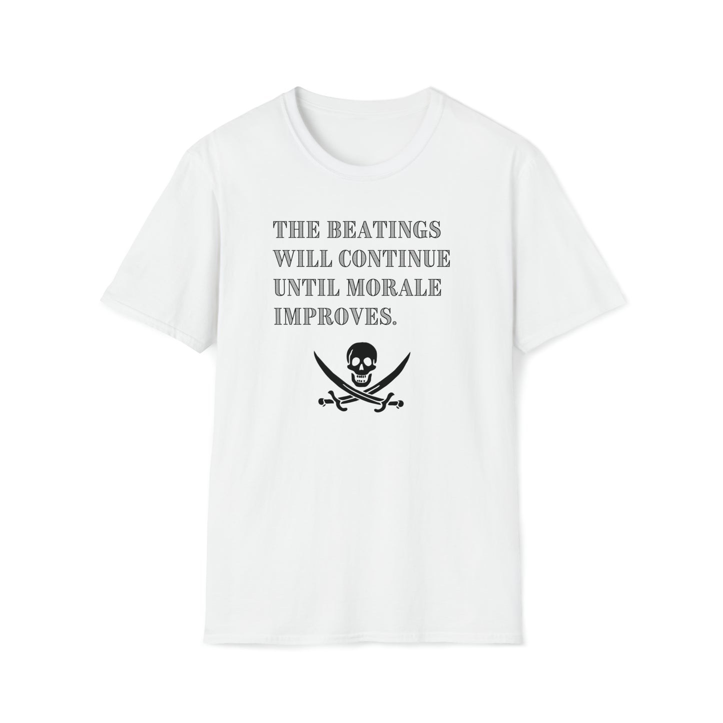 Men's Pirate T Shirt with saying Beatings Will Continue