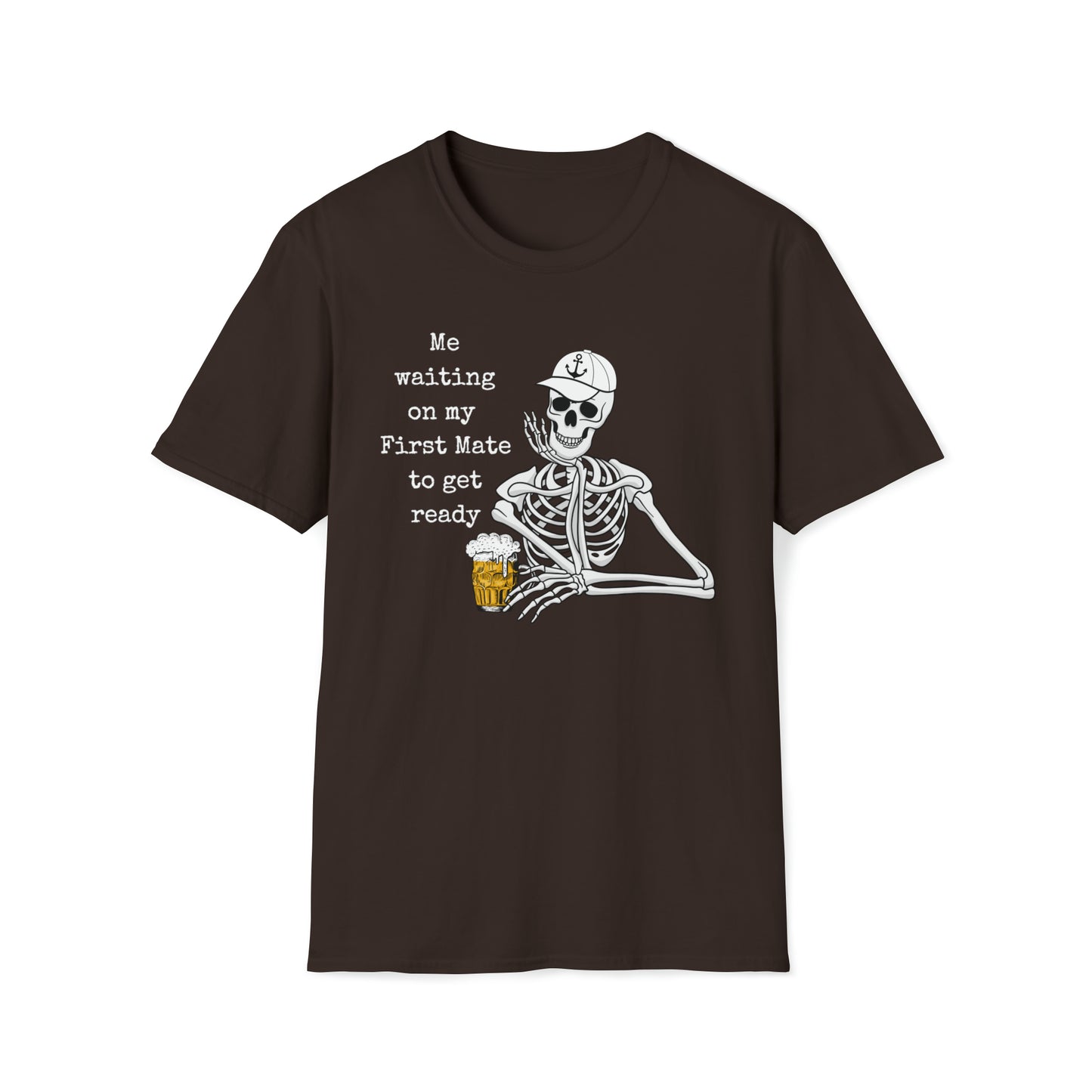 Men's Graphic Skeleton T-Shirt with saying Waiting on First Mate