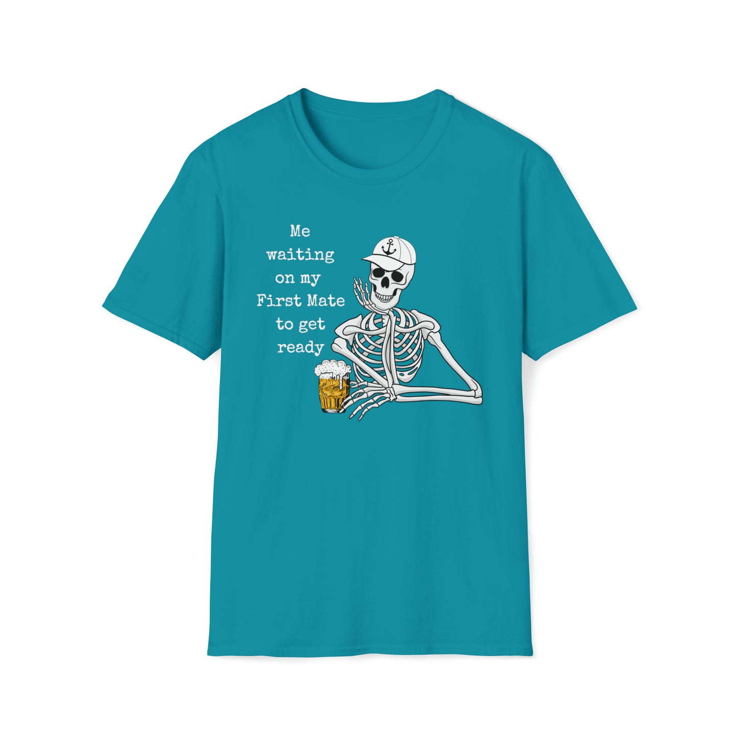 Men's Graphic Skeleton T-Shirt with saying Waiting on First Mate