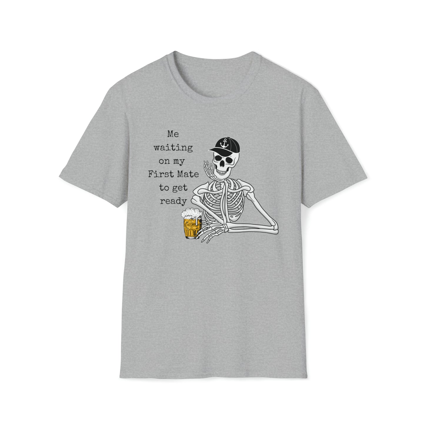 Men's Graphic Skeleton T-Shirt with saying Waiting on First Mate