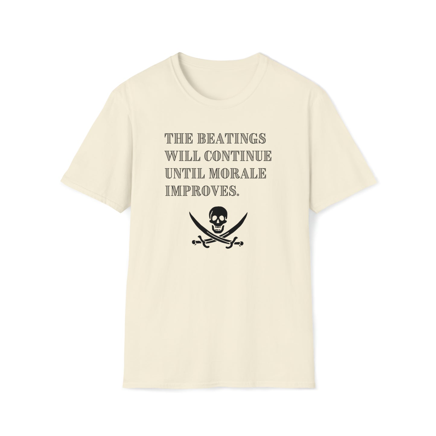 Men's Pirate T Shirt with saying Beatings Will Continue