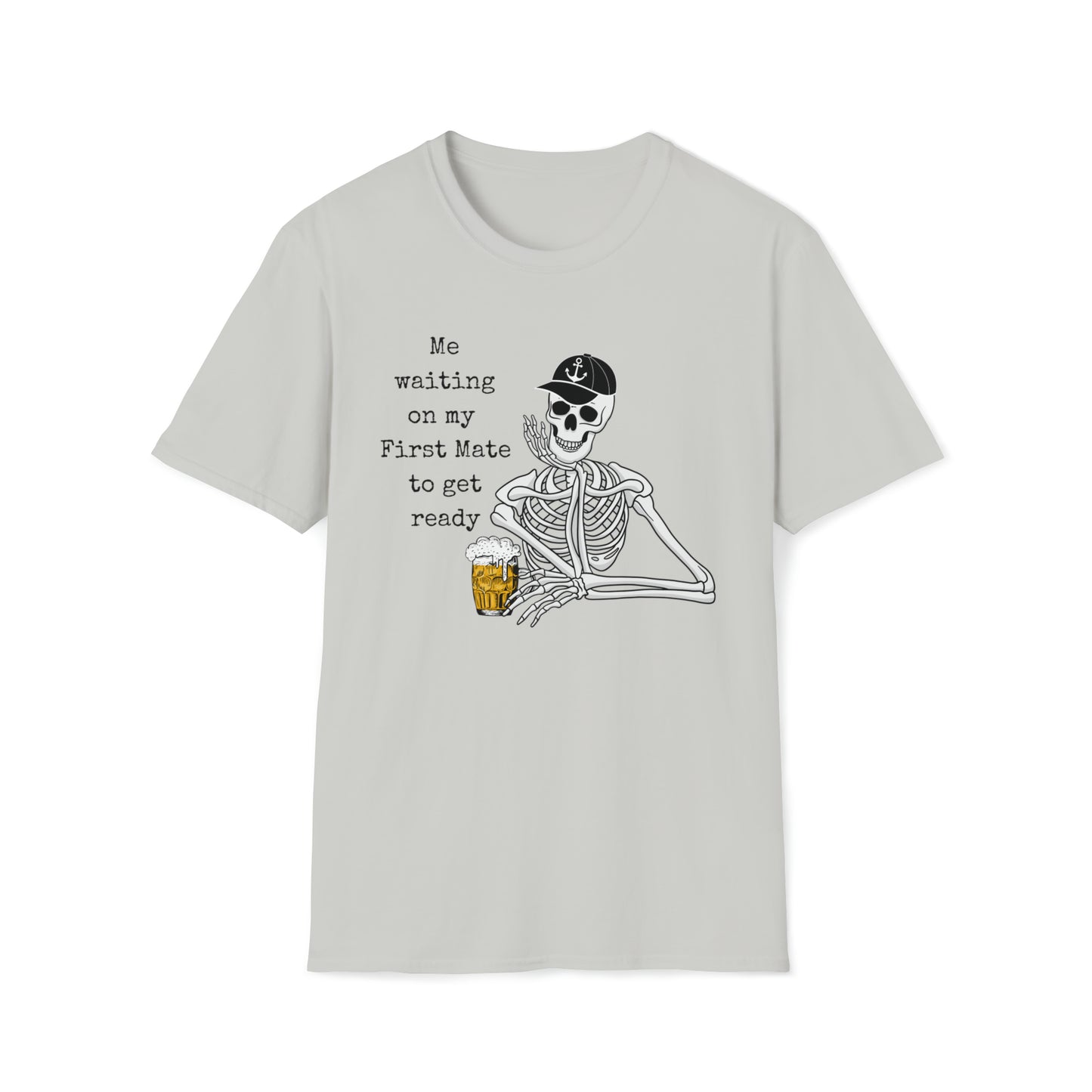 Men's Graphic Skeleton T-Shirt with saying Waiting on First Mate